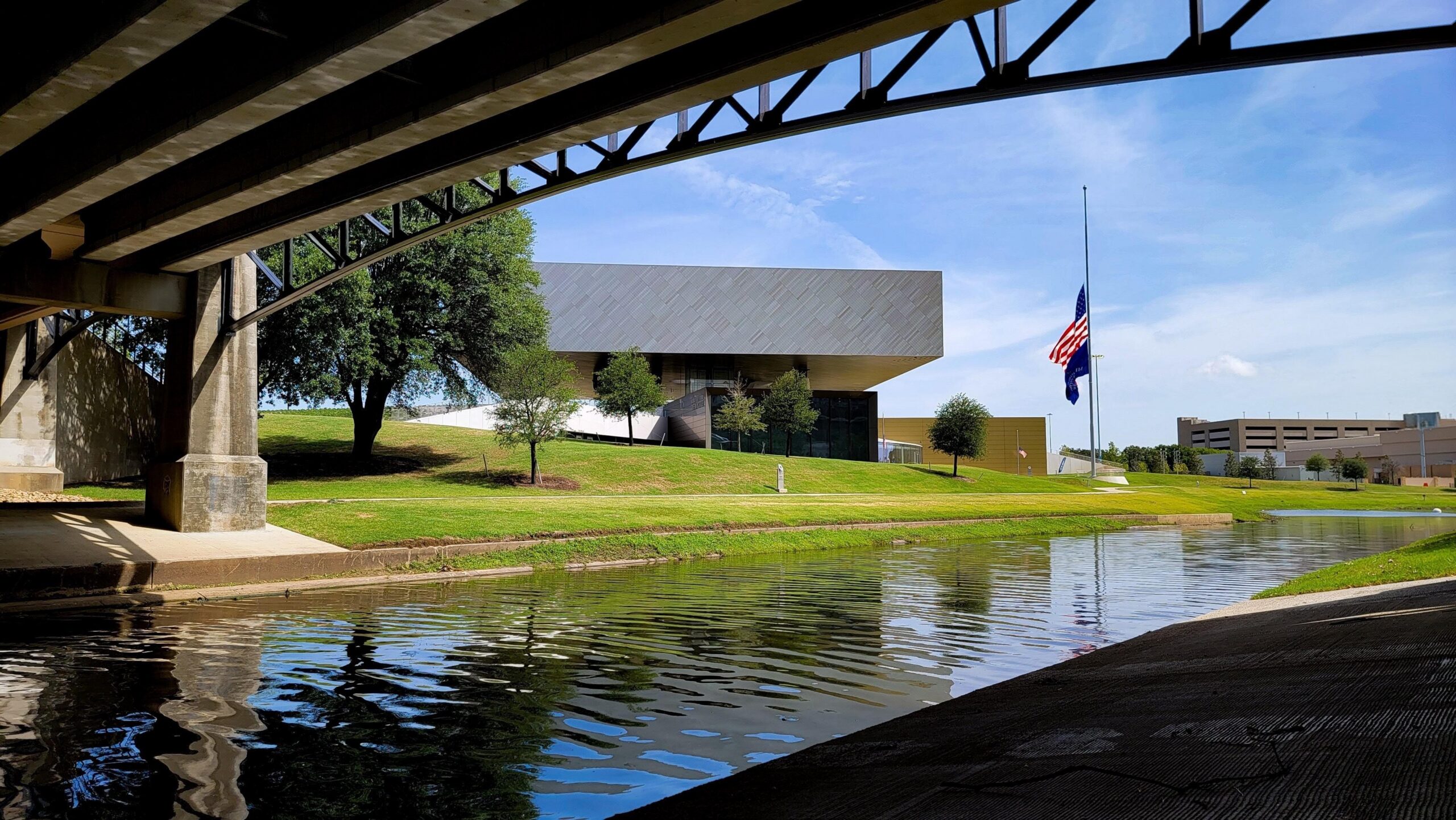The museum reflected in the surrounding water