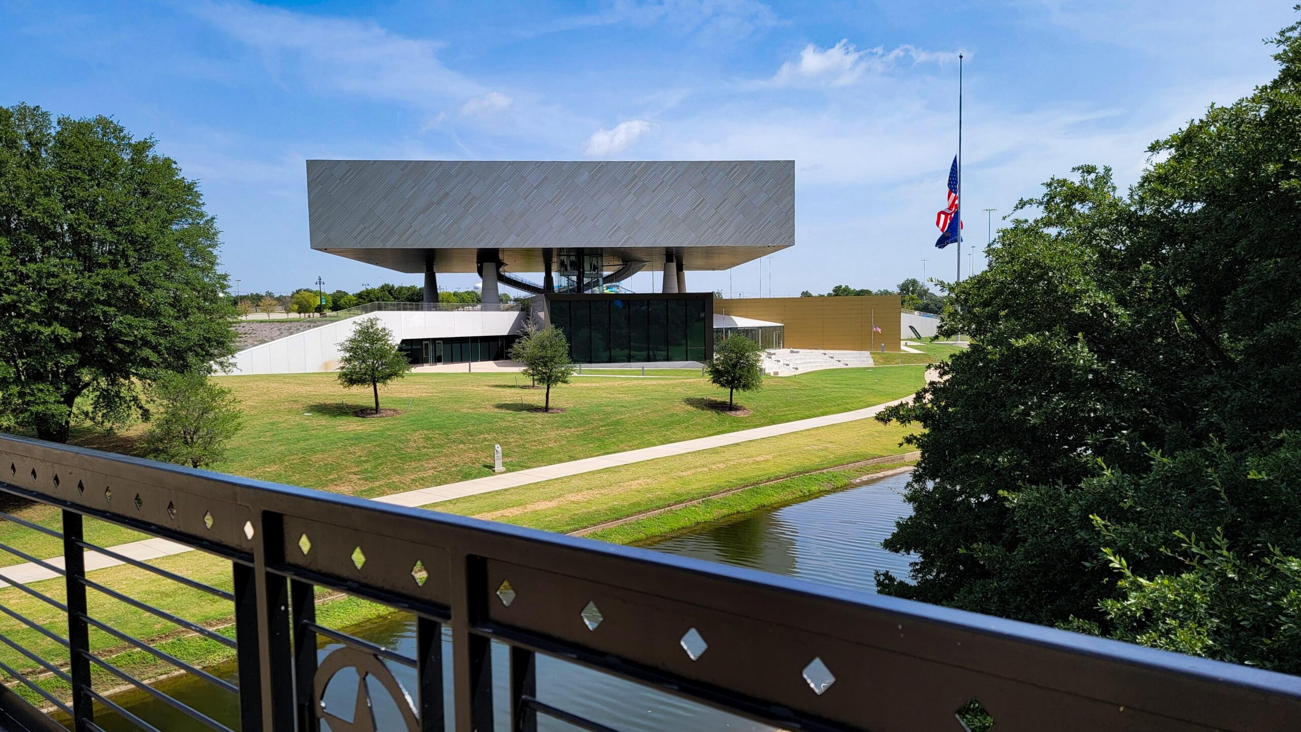 The National Medal of Honor Museum seen across the water in Arlington, Texas
