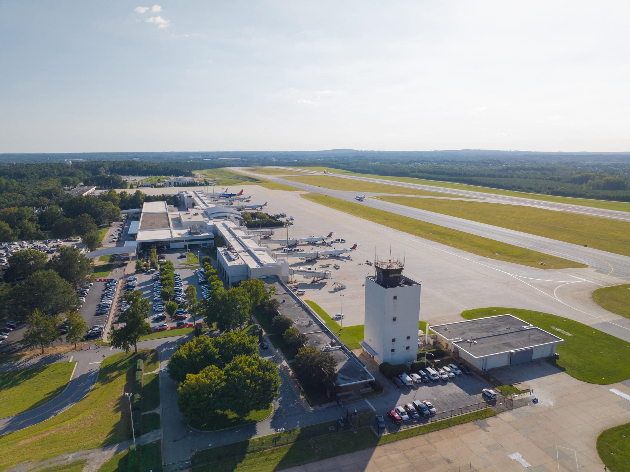 Aircraft parked on the apron at GSP with the airfield beyond.
