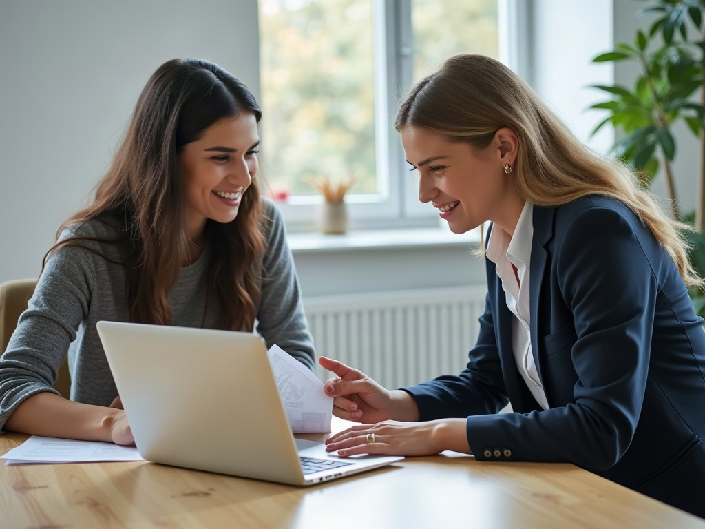 An advisor and a business owner going over figures on a laptop together at a table