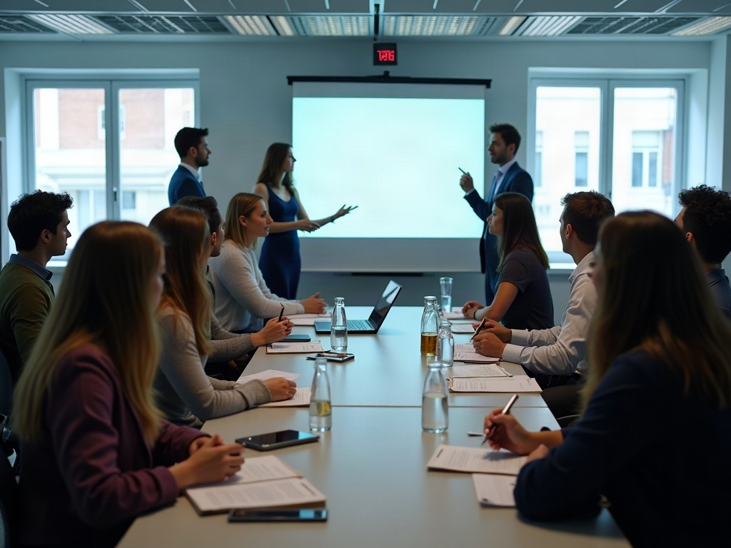 Adult learners seated at tables during a business training workshop in a bright seminar room
