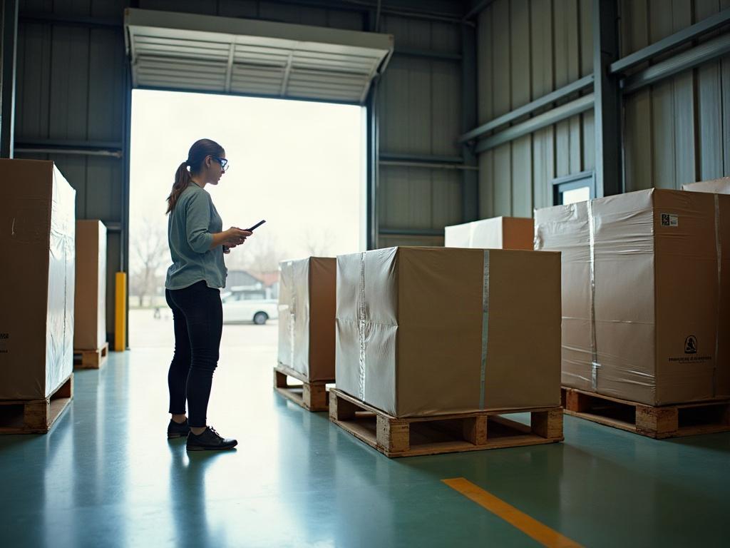 A woman with a tablet checking palletised stock beside an open loading dock at a Texas manufacturer