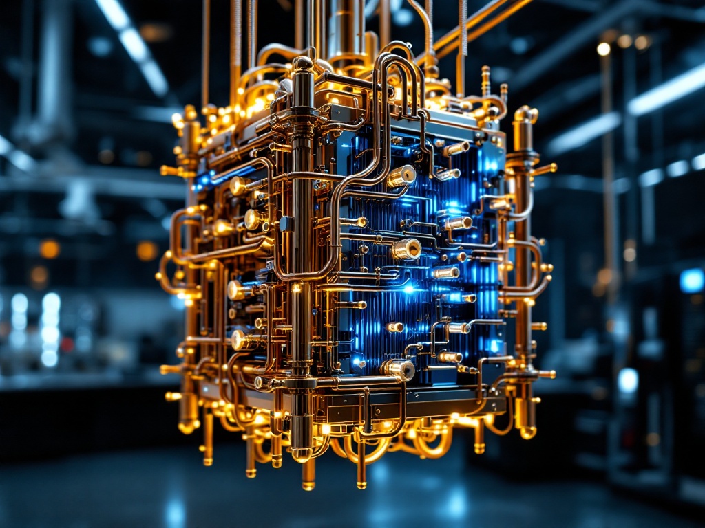 A gold-plated quantum computer dilution refrigerator inside a research lab