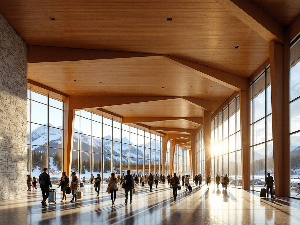 Concept interior of the replacement terminal at Aspen, a timber-framed concourse with full-height glazing facing snow-covered peaks